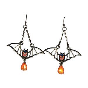 Halloween Bat Earrings Black with Orange Details and Fake Gem Good Condition